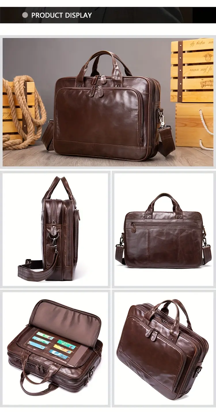 Men's Top Layer Cowhide Briefcase Genuine Leather Business - Temu