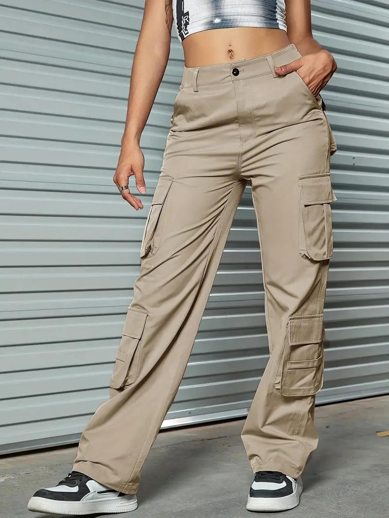 Plain High Waist Cargo Pants Loose Fit Flap Pockets Street - Temu
