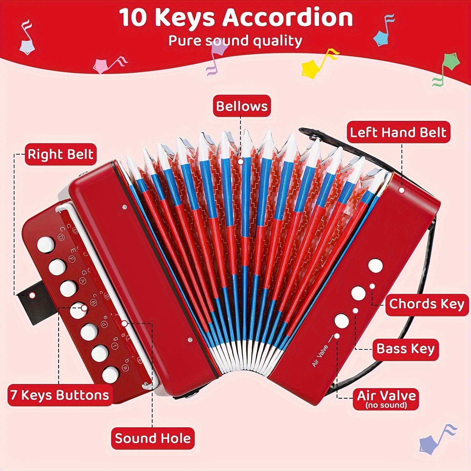 

Accordéon Concertina, 10 touches, avec sangle, instrument de musique accordéon cadeau pour débutants, accordéon adultes, cadeau d'