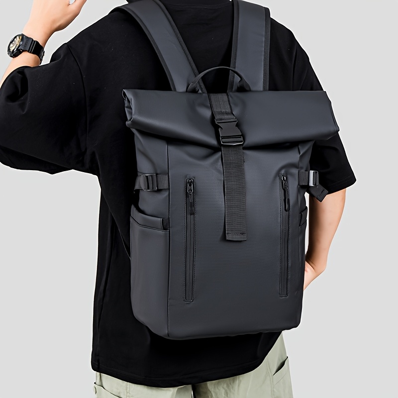 Unisex Travel Backpack, Lightweight Roll-top Design with Anti-theft Zipper, Fashionable Premium Fabric, Black and Gray