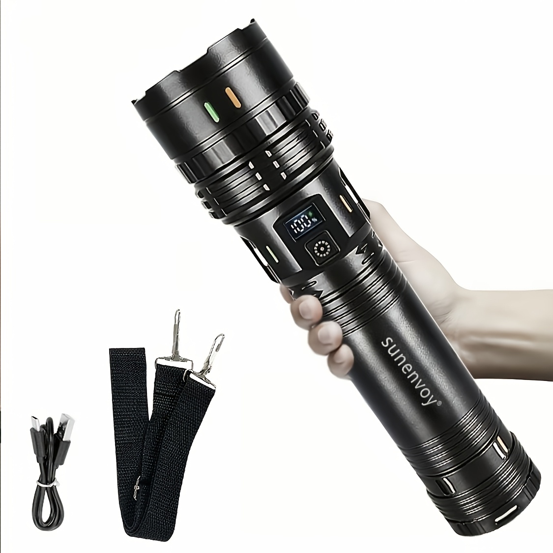 TEMU Lampe de poche d' extérieure LED haute puissance avec bandoulière, grande lampe tactique avec longueur de faisceau réglable, matériau ABS léger,