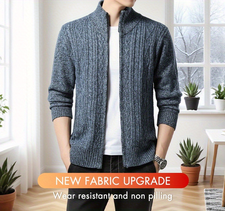 Men's Warm Cable-Knit Sweater Jacket - Winter Business Casual Coat with Stand Collar, Machine Washable Sweater for Office, Gym & Daily Wear - Cable-Knit Front Panel (No Belt Required) - Autumn/Winter