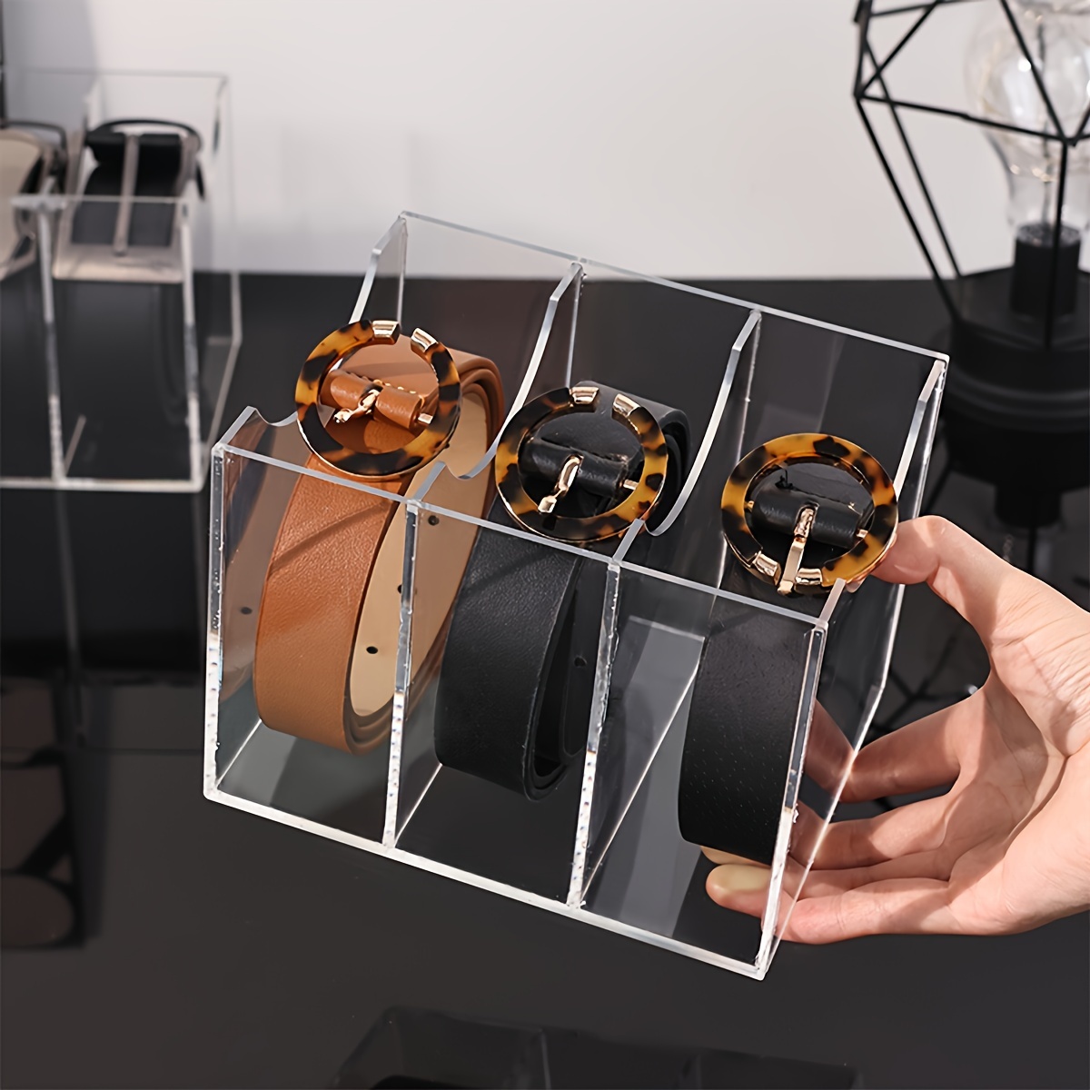 1 акриловая многоразовая органайзер для ремней с несколькими слотами, прозрачный выставочный кейс для мужчин и женщин, подходящий для шарфов, часов, аксессуаров для волос, украшений, шкафов и ящиков, немагнитный, спортивный стиль, сплошной узор, детали 1