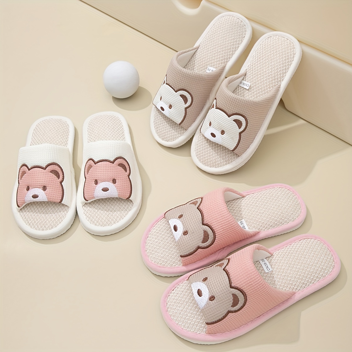 

Cute Cartoon Bear Pattern Slippers, Casual Open Toe Linen Sole Shoes, Comfortable Indoor Home Slippers