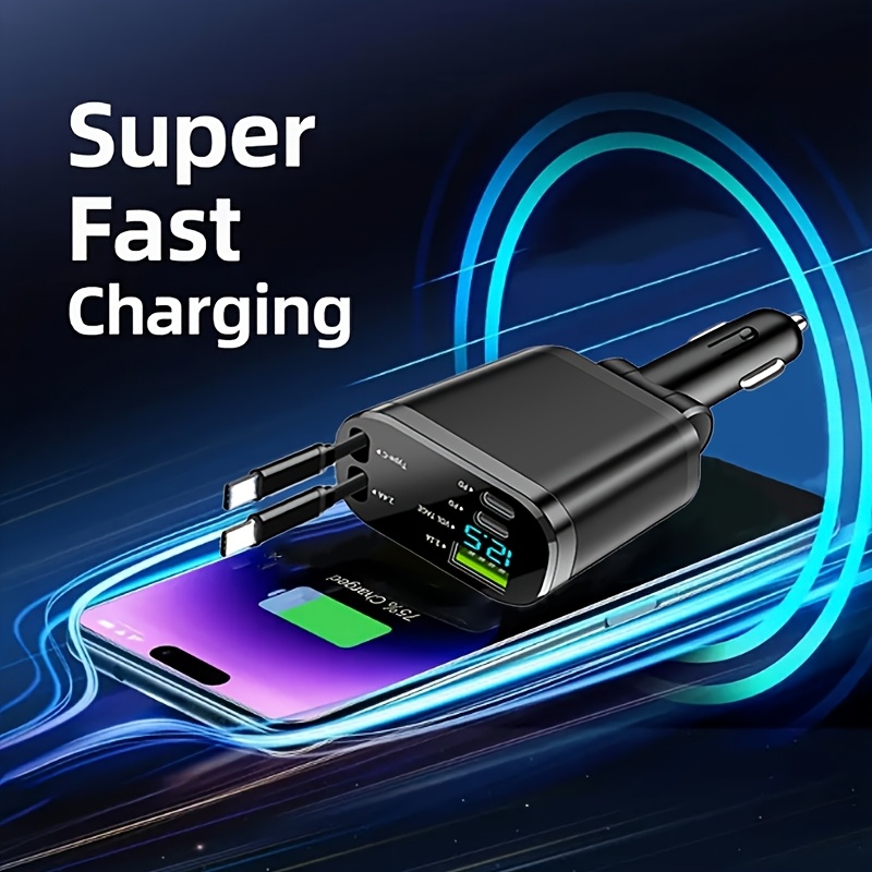 120W Бързо сгъваемо автомобилно зарядно с 2 USB Type-C кабела - Щепсел, без батерия, решение за зареждане в кола | Компактно зарядно | Сгъваем кабел, бързо зареждане за автомобили