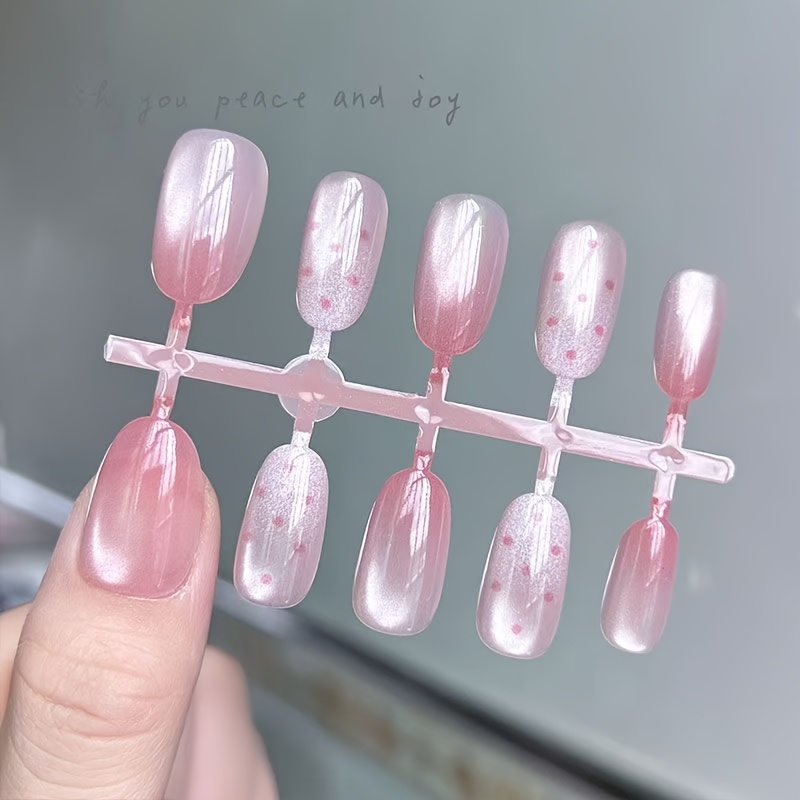 TEMU Lot de 10 faux ongles à pois roses dégradés effet œil de chat, à pression, pour mains et pieds, faux ongles courts ovales brillants, pour fêtes,