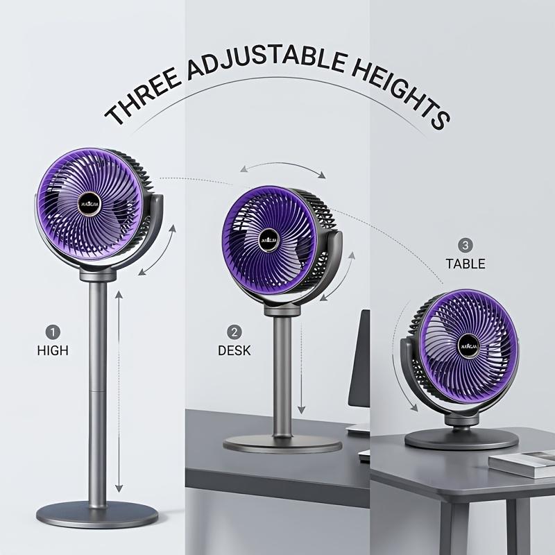 TEMU 3 Adjustable Household Floor & Desk Fan, 5 Speed , Air Circulation System, Built-in 2400mah Rechargeable Battery, Type-c Charging Port, Cordless