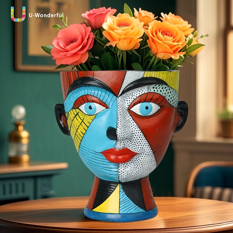 Image of A Creative Face-shaped Decorative Flower Pot - Featuring A Unique And Colorful Geometric Design, Suitable For Gardens, Courtyards, And Home Decor, To Styles, A To Life. Gardening Gift