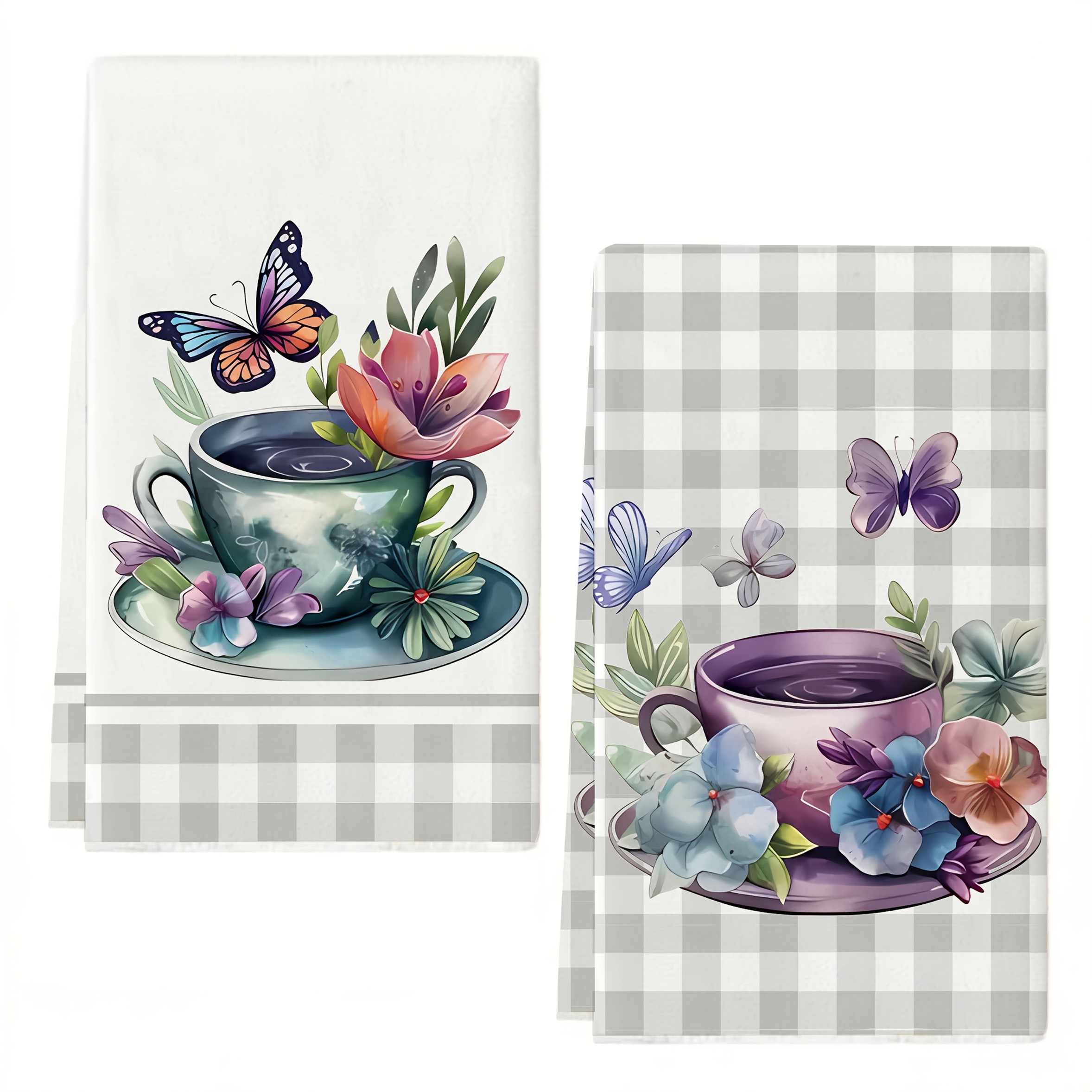 TEMU 2/4pcs Set Of Gray Checkered Floral Cup Kitchen Towels, Dish Towels, Hand Towels, Kitchen Decorative Towels, Neighbor Gifts, Sweet Housewarming Gifts For , Mother's Gifts, Birthday Gifts