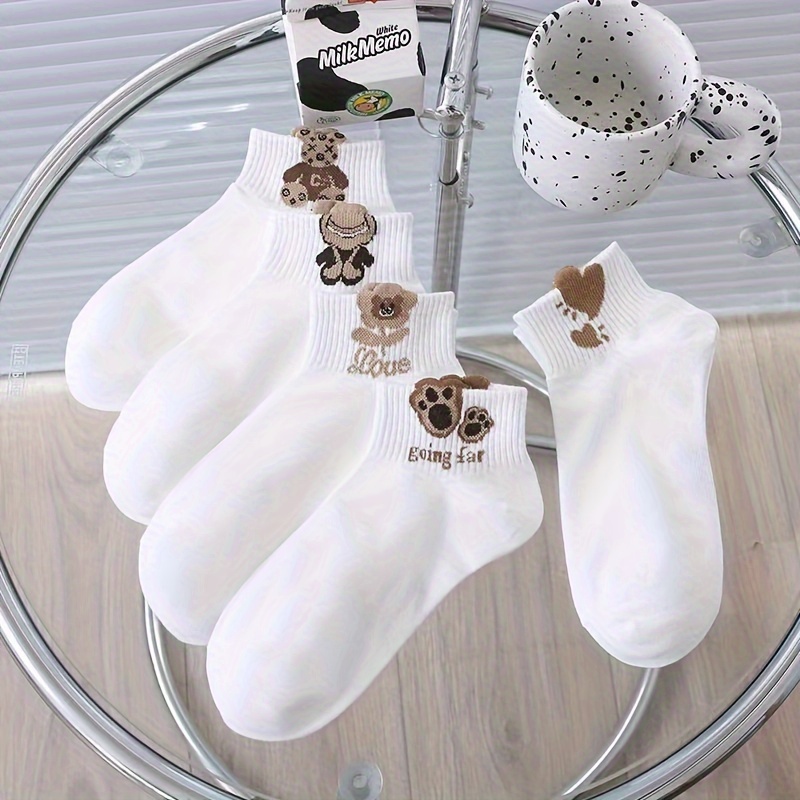 5 Pairs Cute 3D Cartoon Bear Socks, Comfy & Breathable Short Socks, Women's Stockings & Hosiery