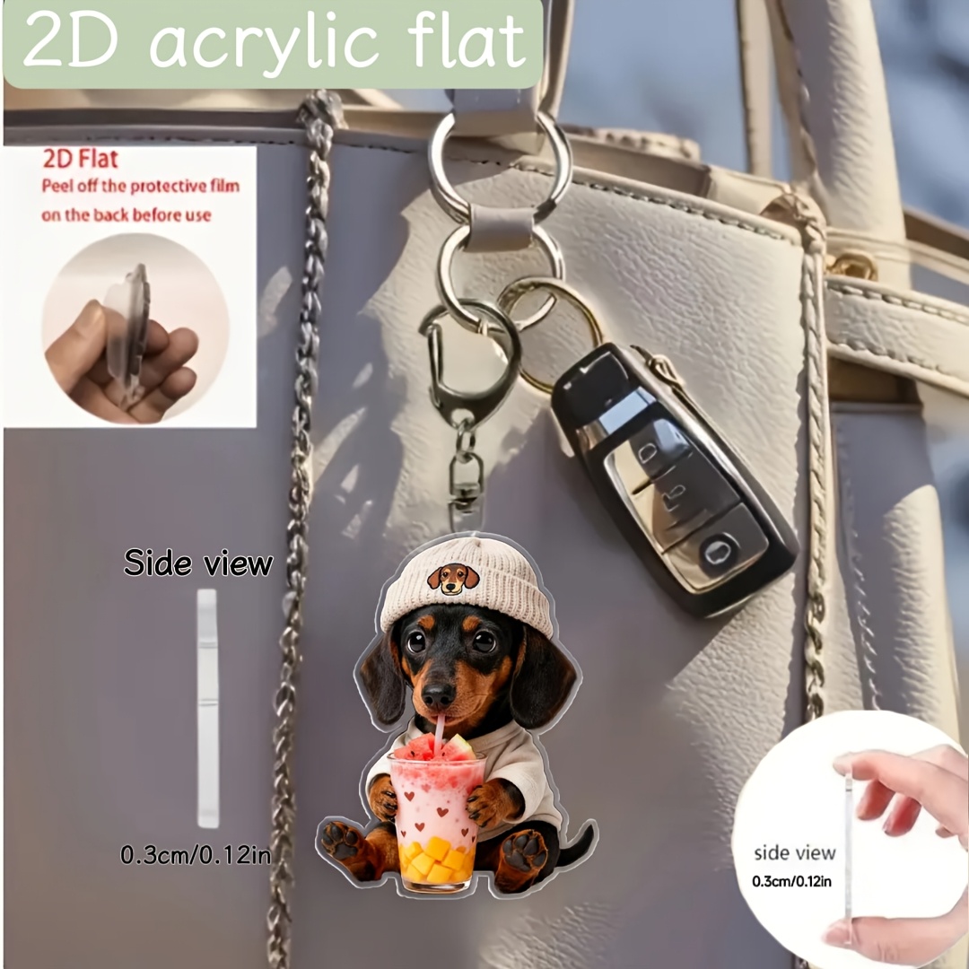 Cute Dachshund Drinking Juice Design Keychain, Fun Multi-Functional Decor