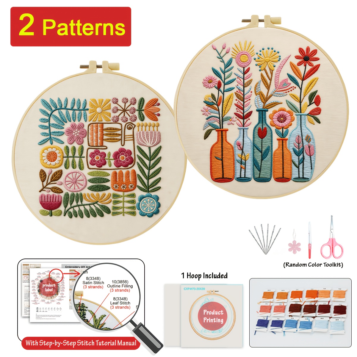 TEMU 2pcs New Embroidery Kit, 20x20cm/7.9x7.9inch, Beautiful Flowers, Handmade Diy Embroidery Kit, Suitable For Diy Embroidery Lovers For Adult
