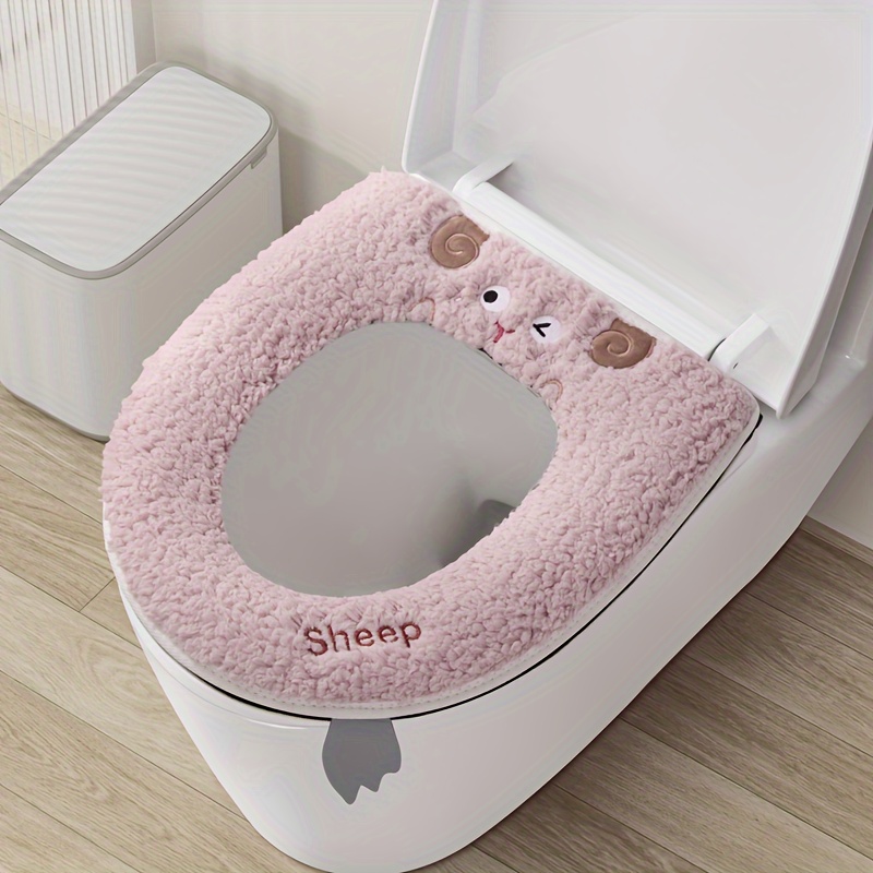 Image of 1pc Adorable Thickened Toilet Seat Cover - Soft, Light Beige-friendly, Reusable With Zipper Closure - In Pink, Blue, Beige, And Light Brown