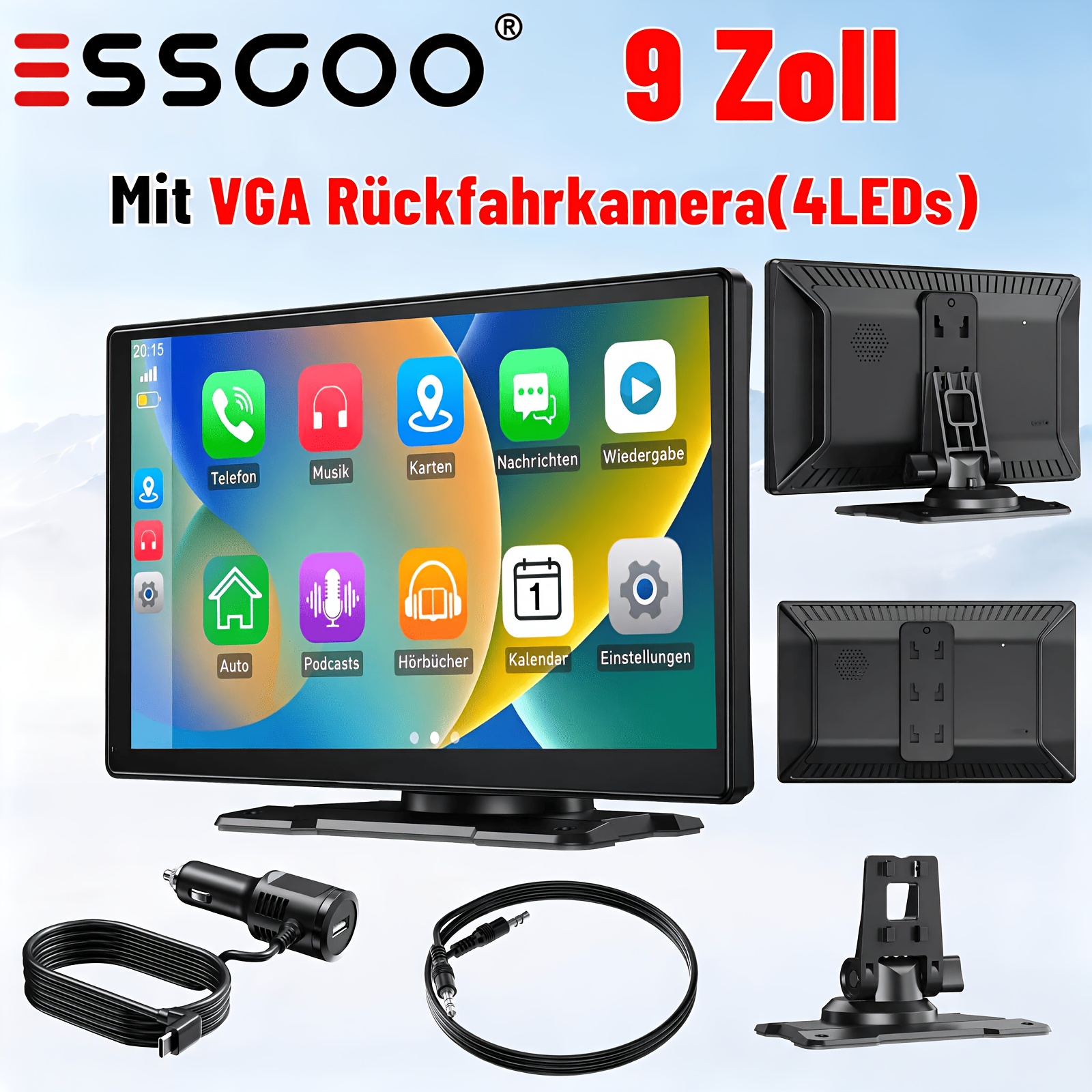 Image of Essgoo 9-inch Hd Touchscreen Car Multimedia Player, Wireless Carplay And Auto, Calling, Fm Aux Support, Voice Control, 2 Mounting Brackets, Vga Reversing Camera, Universal Car Upgrade