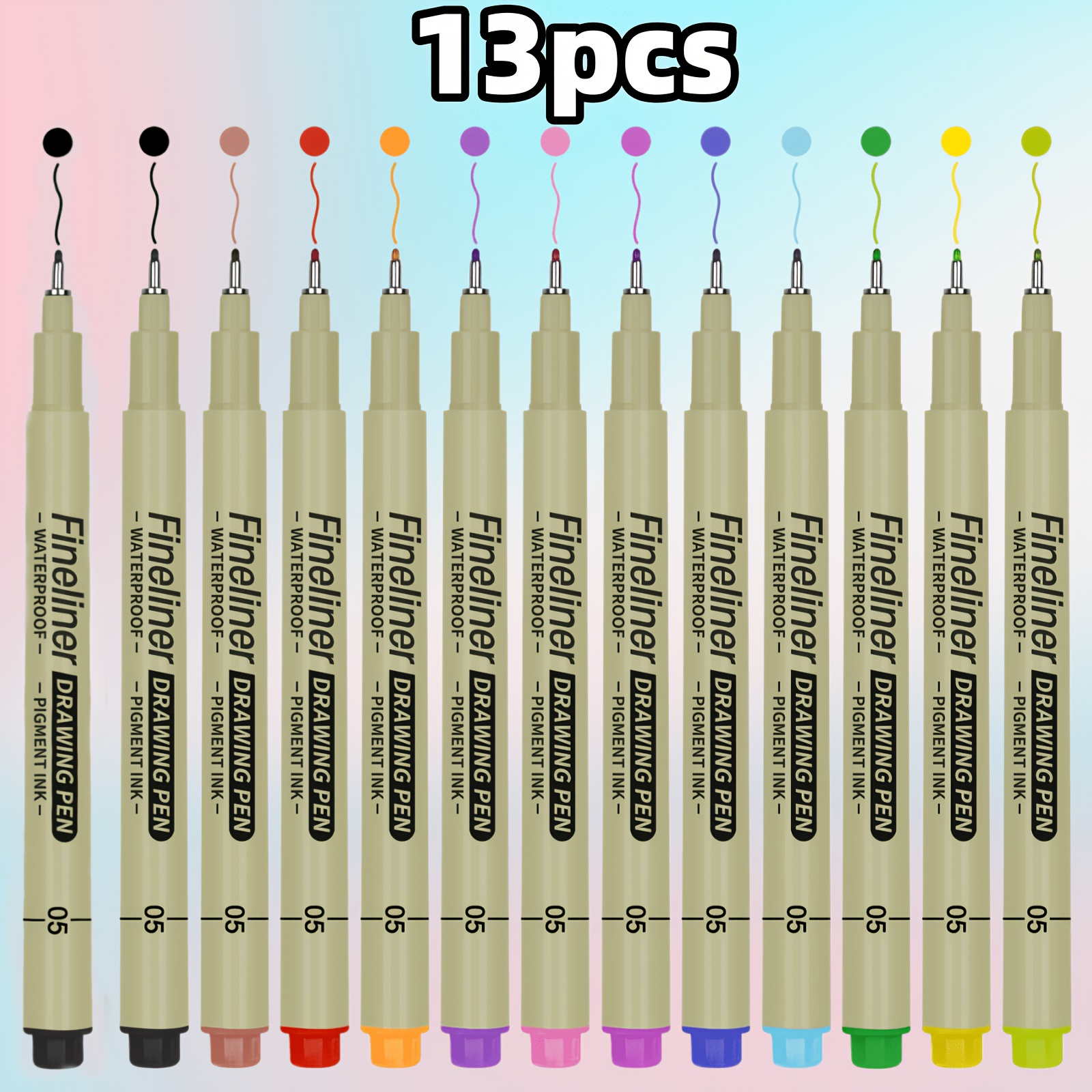 Image of Set Of 13 Colorful Fine Pens - Lightweight And Durable Plastic Drawing Pens With Line Drawing,sketching, Journaling, Cartooning - Great For Artists, For Professional Artistic Use.