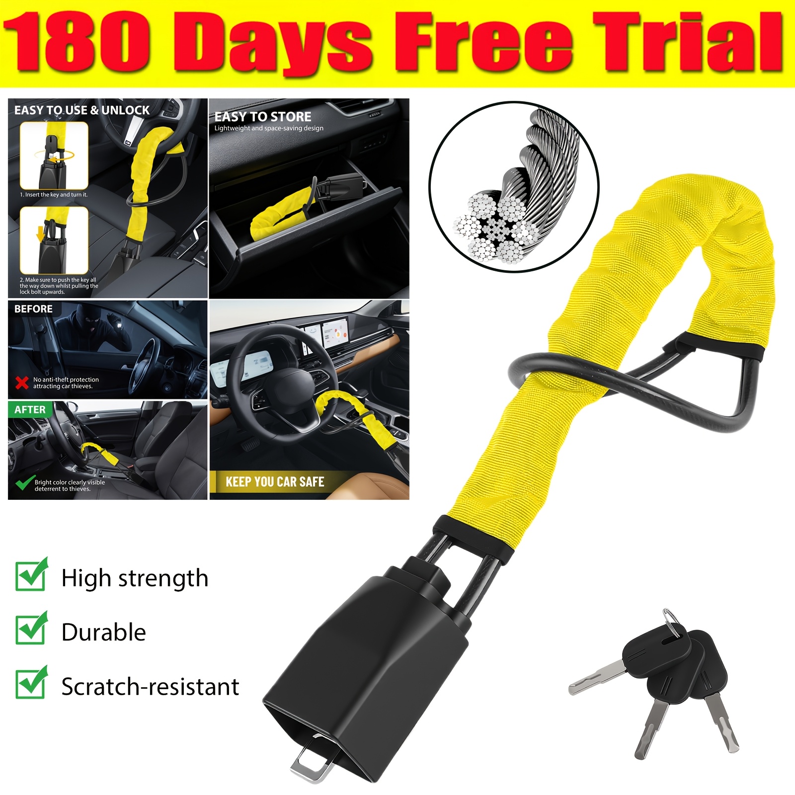 Steering Wheel Lock, Car Steering Wheel To Seatbelt Lock, Heavy-duty Universal Steering Wheel Lock, Car Anti-theft Device, With 3 Keys