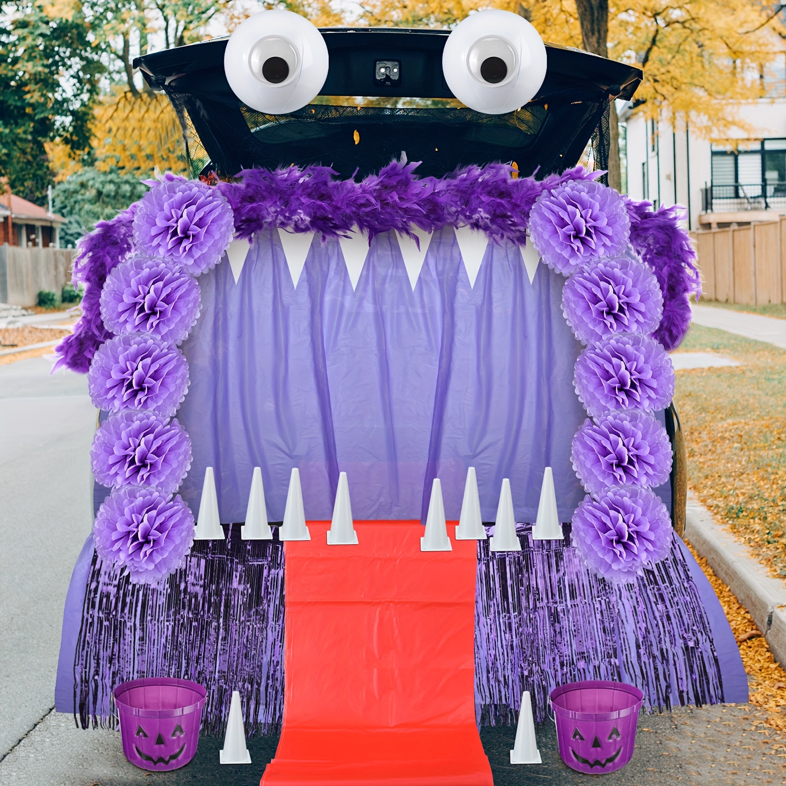 

Monster Trunk Or Treat Decorating Kit Trunk Or Treat Car Decoration Kit Cute Monster Face With Inflatable Beach Ball Pennant Banner Table Skirt Table Cover Small Bucket For Outdoor