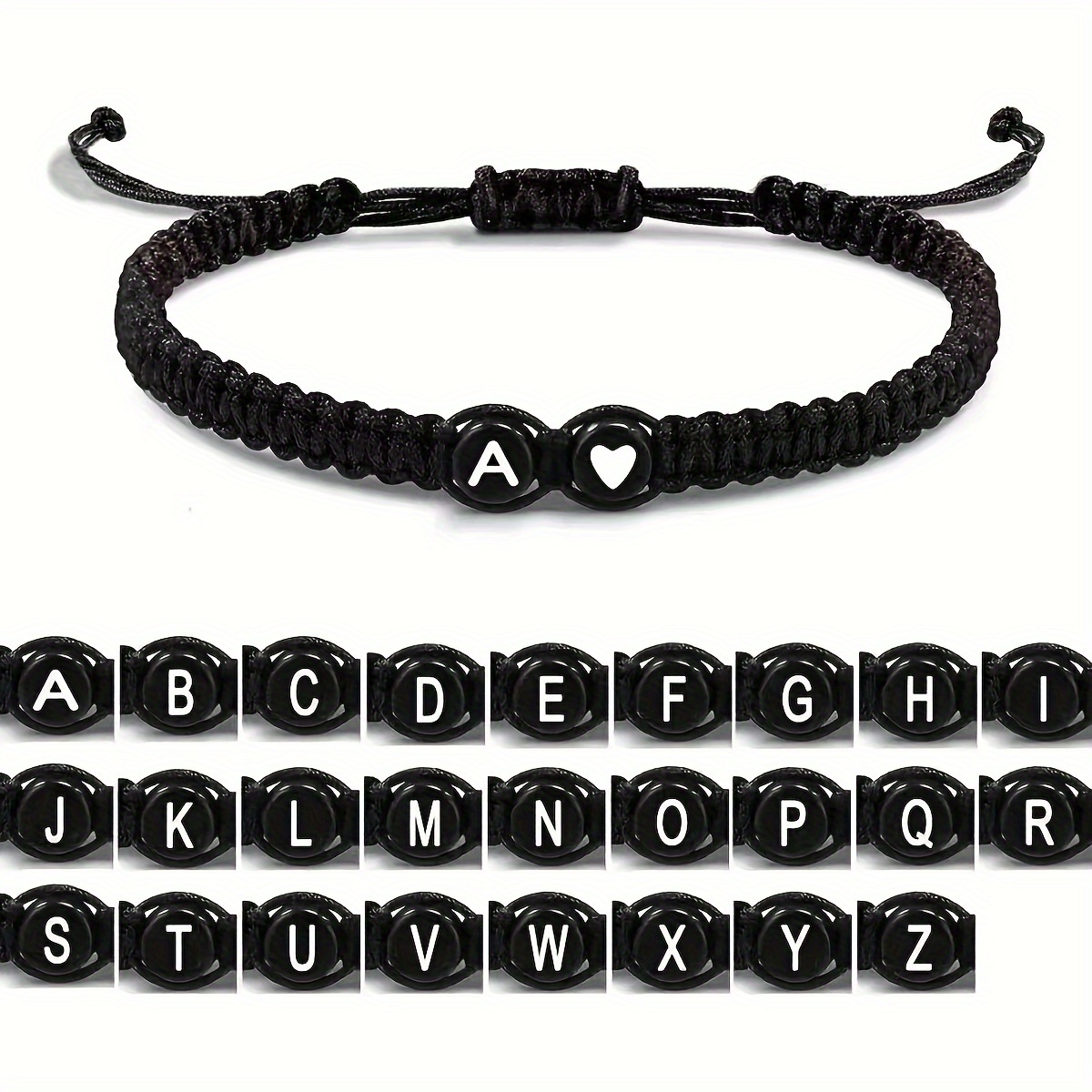 

Black Braided Bracelet With Acrylic Alphabet Beads & Heart Charm, Adjustable Handwoven Couples Friendship Bracelet, Elegant Daily Wear Jewelry, Vacation Style, A-z Letters Available