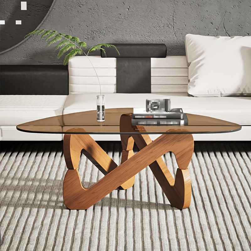 Contemporary Triangular Coffee Table Featuring A Sturdy Wooden Base And A Thick Tempered Glass Surface, Suitable For Living Rooms, Receptions, And Offices, In White, Black, Or Walnut Brown