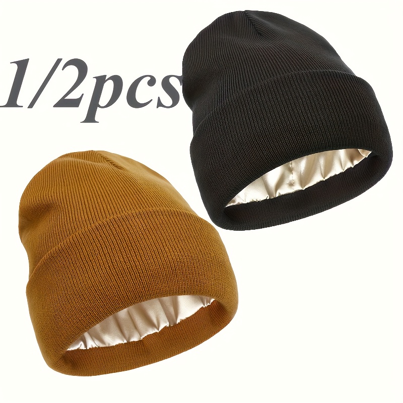 2 Pack Satin Lined Winter Beanie For Women Men Knitted Cuffed Silk Lined Skull Hat, Black Navy, One Size