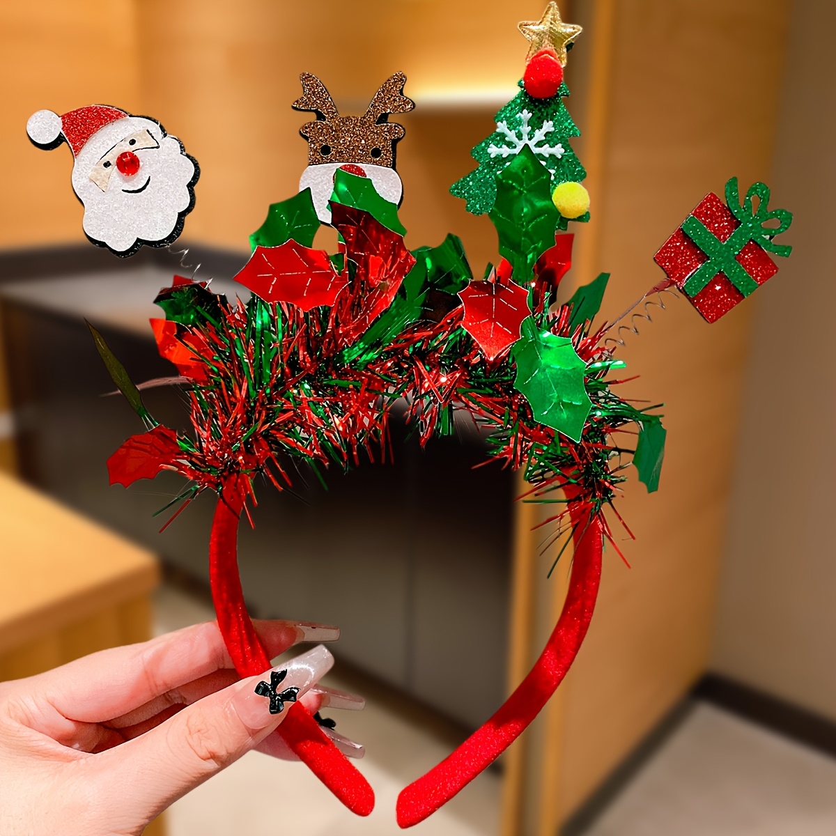 TEMU 1pc Christmas Women's Headband, Red And Green Ribbon Hairband With Accessories Featuring Santa Claus, Reindeer, Trees, And Gifts, Christmas