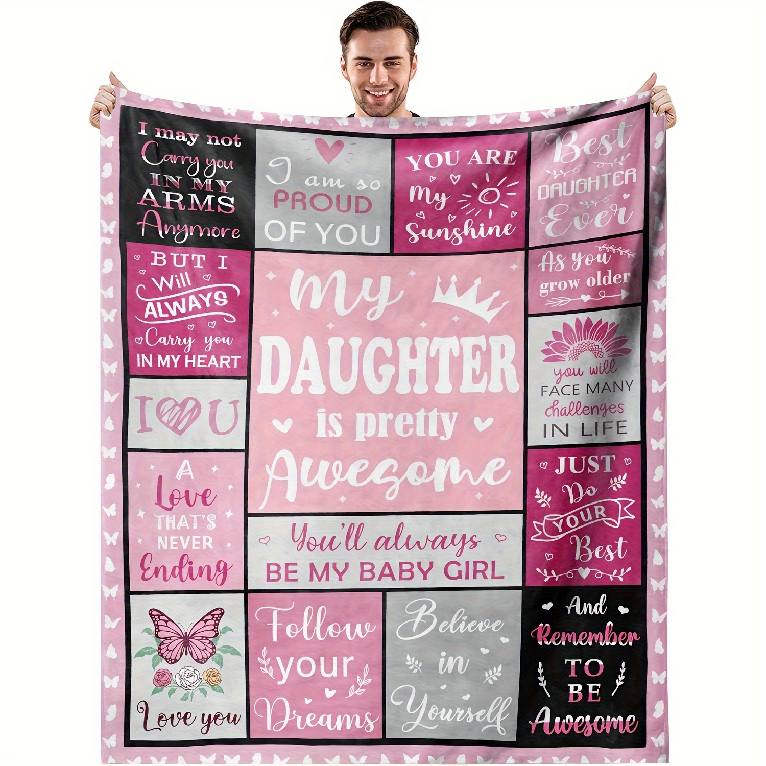 

1pc To My Daughter Love Messages Fleece Blanket, Soft Flannel Throw Blanket, Pink Patchwork Pattern, Inspirational Quotes, Perfect Gift For Daughter, Cozy Home Decor