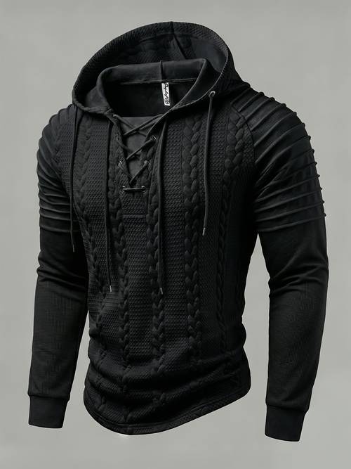 item picture royalboy textured jacquard fabric contrast color pleated ribbed sleeves drawstring design fashionable outdoor casual hooded sportswear top autumn menswear