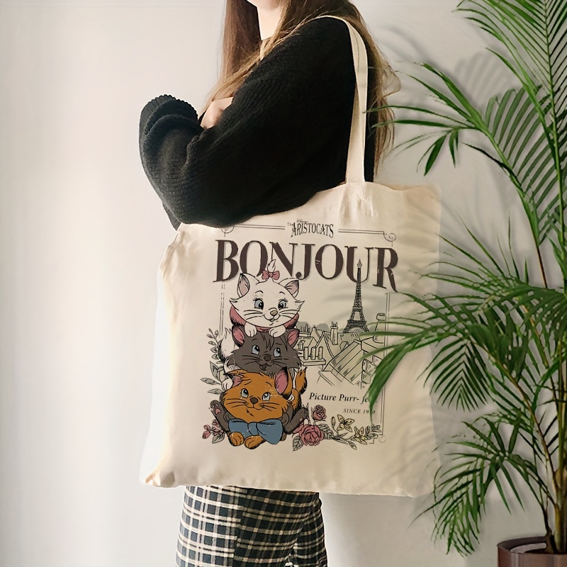 

1pc Bonjour Pattern Print Tote Bag, Canvas Shoulder Bag For Travel Daily Commute, Reusable Shopping Bag, Trendy Folding Shoulder Bag, Summer Beach Holiday Bag