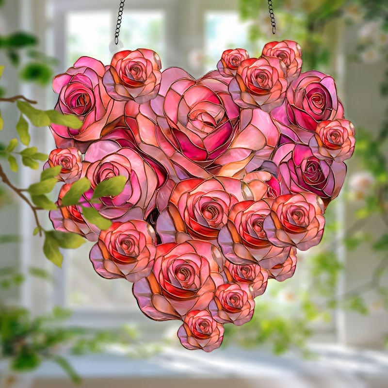 

1pc, 9"x9" Acrylic Love Rose Suncatcher, Romantic 2d Flat Window Hanging Decor, Valentine's Day & Anniversary Gift, Indoor/outdoor Garden Ornament, Plastic Decoration For Home & Wedding