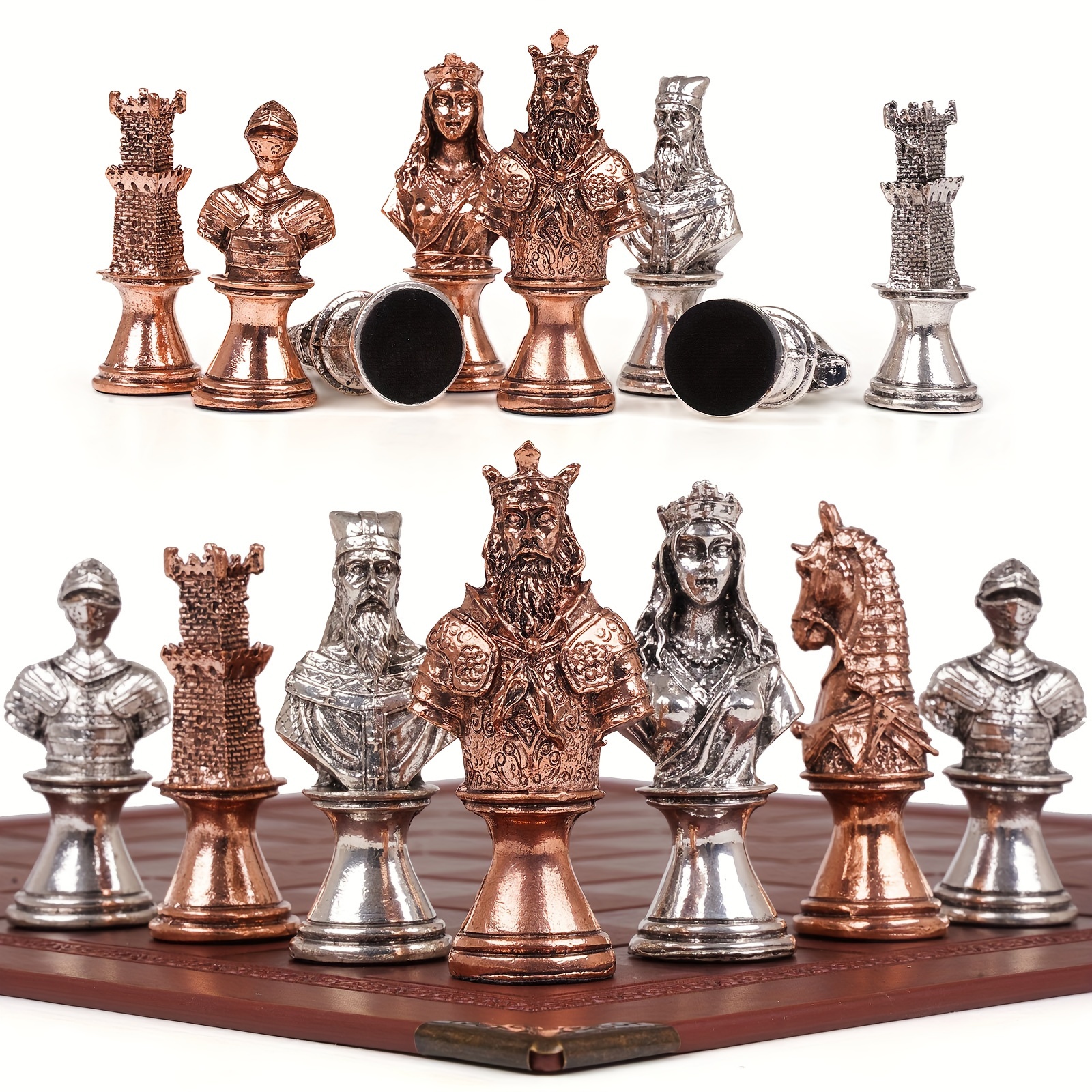 

Vintage Figurine Metal Chess Set For Adults Leather Chess Board With Metal Chess Pieces Travel Board Game With Metal Collectible Elegant Chess Game Family Christmas Gift