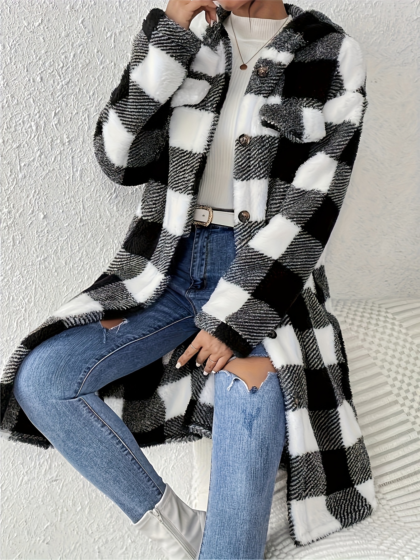 womens black white checker coat plush outer coat button Temu Nigeria - Main Image