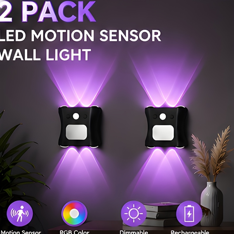 TEMU 2pcs Rgb 7 Color Ambient Black Wall Light Usb Rechargeable Adjustable For Bedside Reading Cabinet Lighting Wall Mounted Night Light