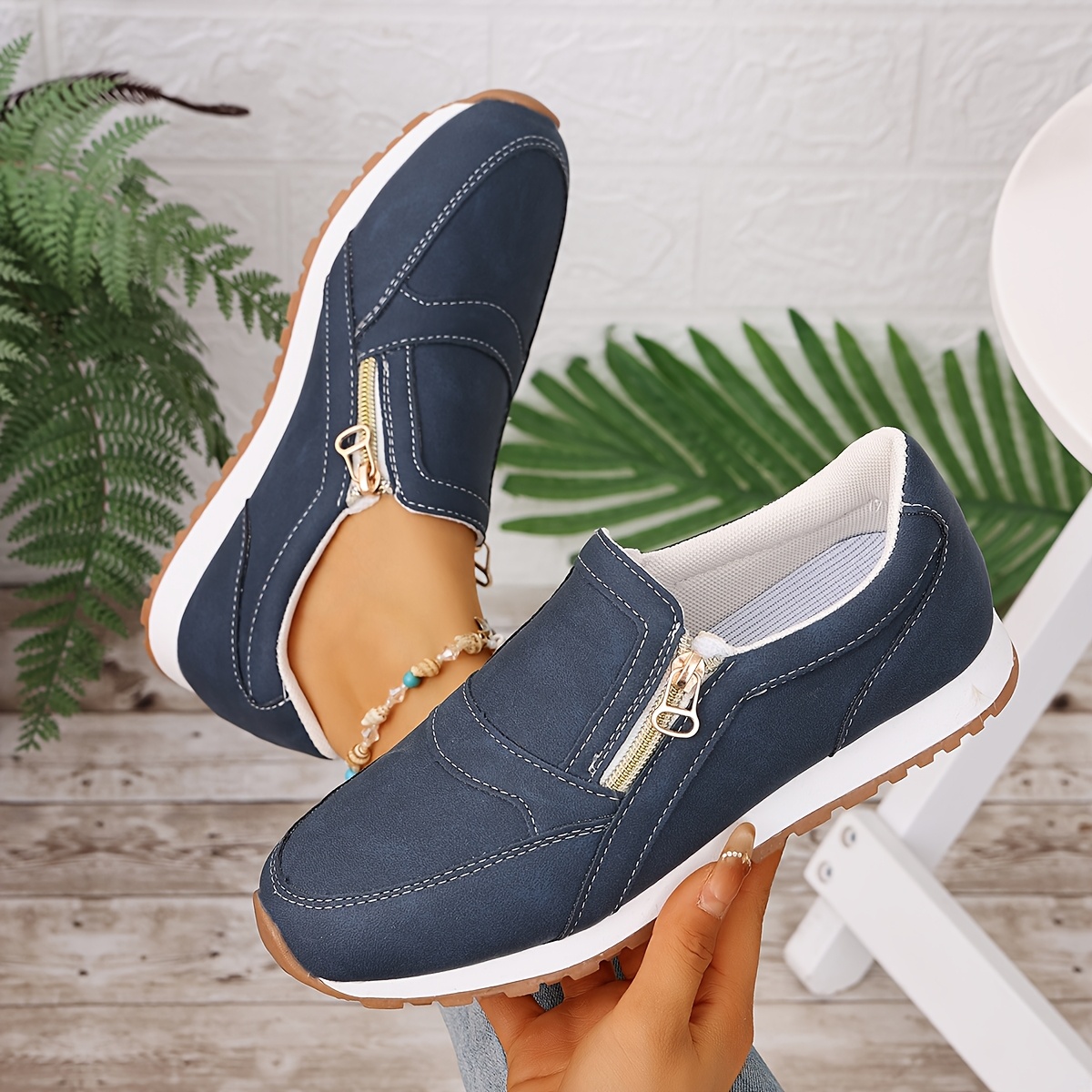 166-23 Navy Blue Women'S Casual Sports Shoes, Suitable for Use During 11 Different Holidays, Comfortable Flat Casual Sneakers for Women, Featuring Double Zipper Closure, Breathable Fabric Upper, Available in Navy Blue And Pink, Round Toe, TPR Sole
