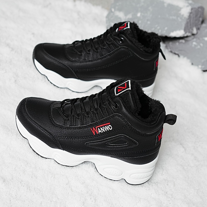 womens 2025 fleece lined chunky   heel ankle boots breathable pu cover lace up round toe white pink accents for winter   winter footwear trendy chunky heel durable rubber sole 7