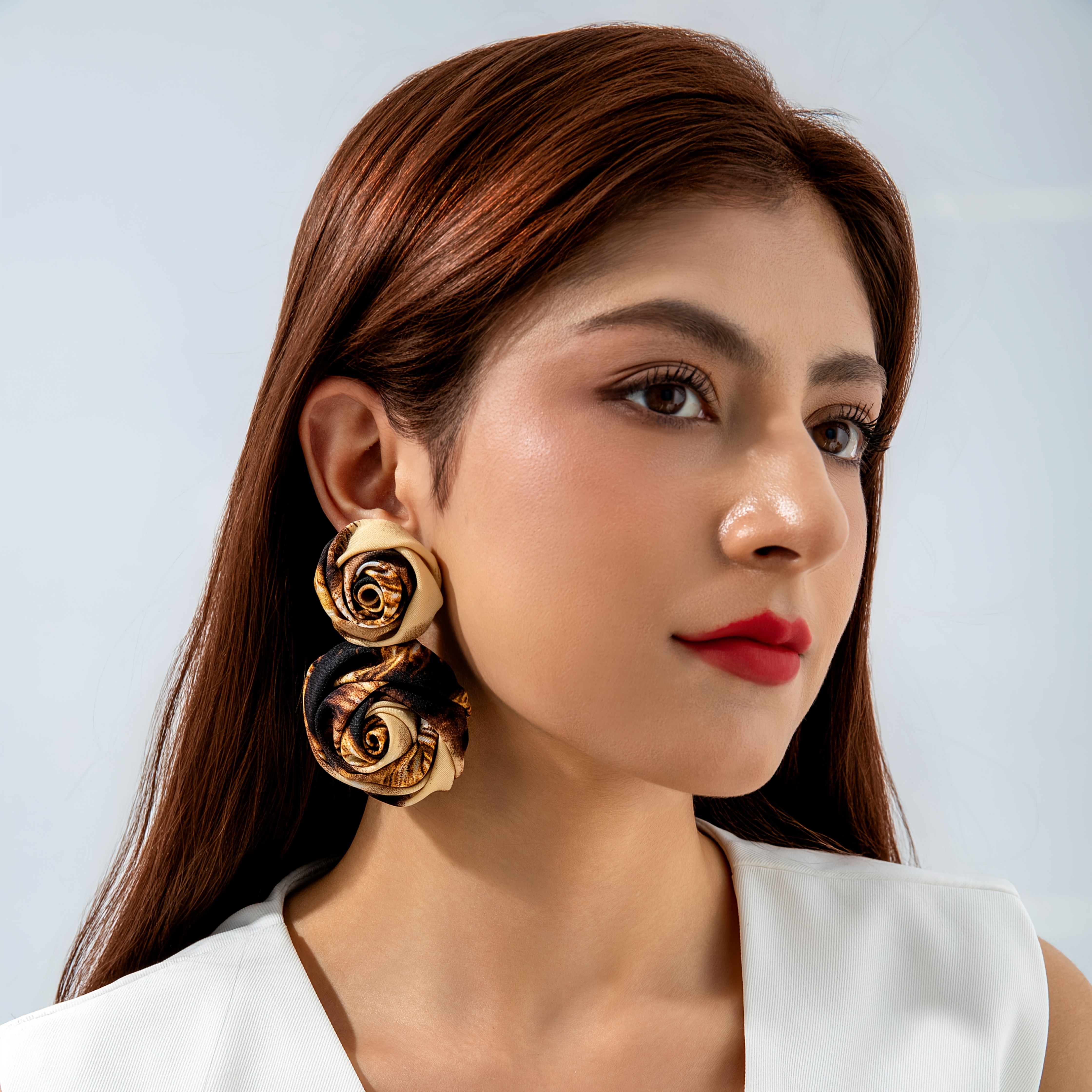TEMU 1 Pair Individual Retro Polyester Leopard Print Camellia Pendant Stud Earrings Floral Drop Style Earrings Suitable For Women's Party Banquet