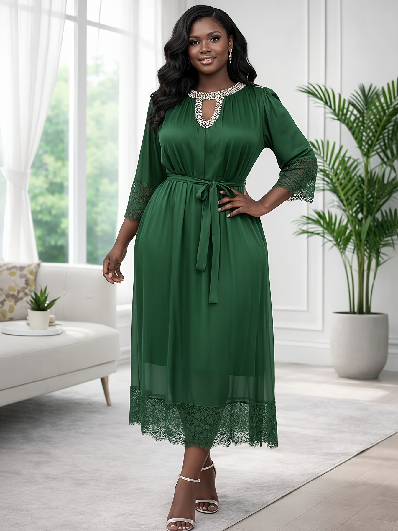 plus size elegant plus size pleated chiffon dress lace trim - Temu Cyprus