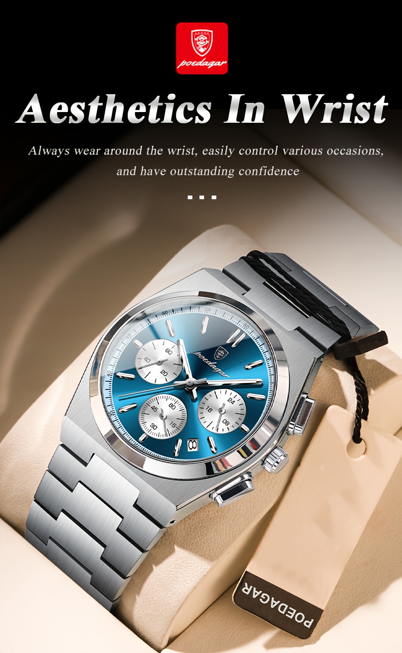 high end business luxury stainless steel quartz watch mens waterproof luminous calendar chronograph wristwatch details 2