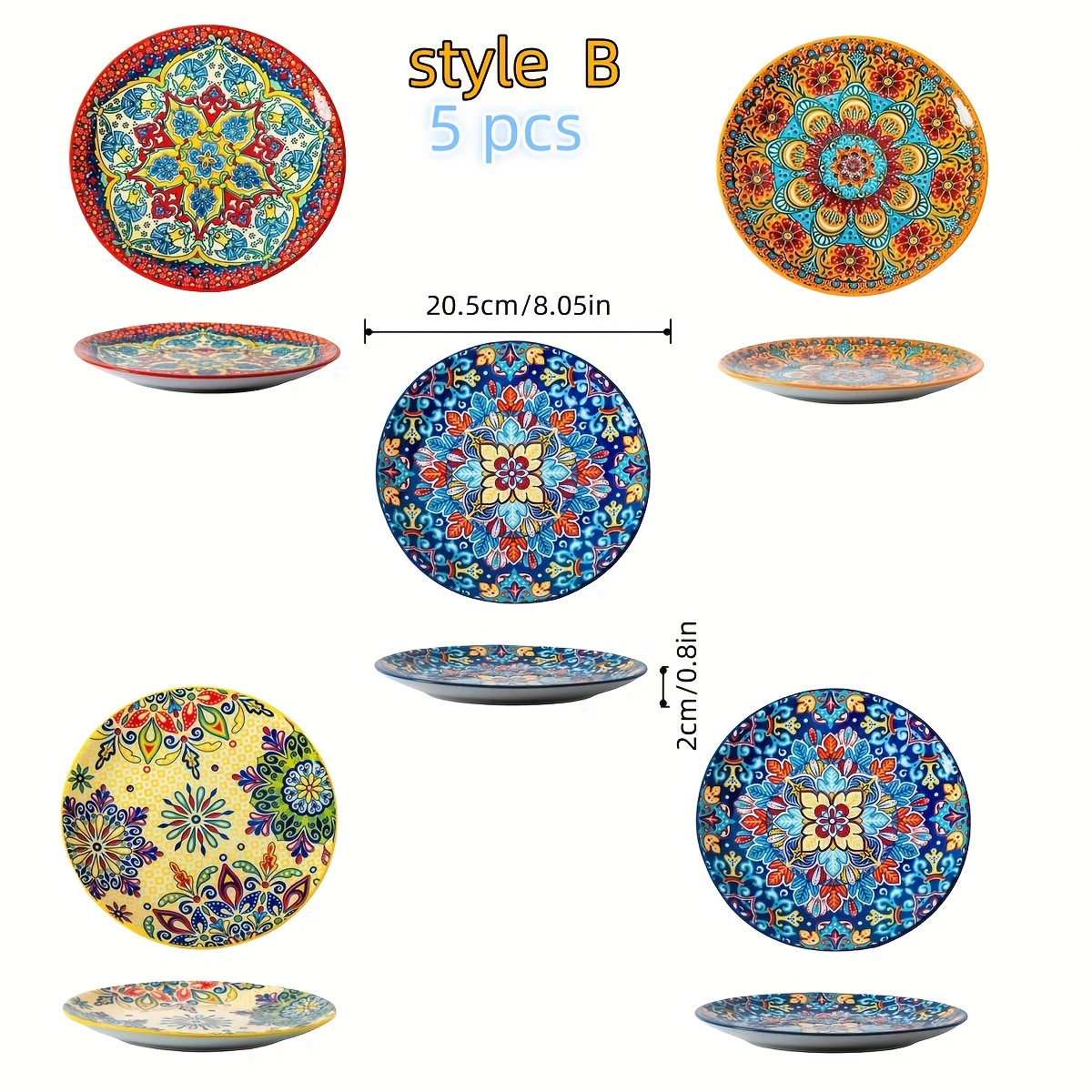 TEMU Set Of 5 Colorful 8-inch Bohemian Style Plates, Vibrant Colors, , Perfect For Pasta, Durable Everyday Tableware, Ideal For Family Gatherings And