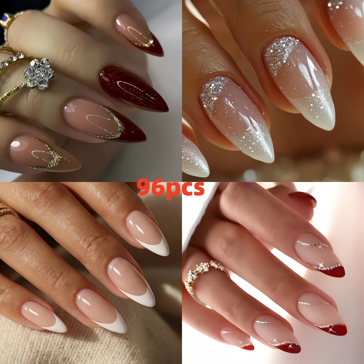 TEMU 96pcs Mid-length Glossy Shiny Almond-shaped Light Luxury Wearable Nails, Red-brown Glittering Golden - Rhinestone Gradient - Nude Pink French -