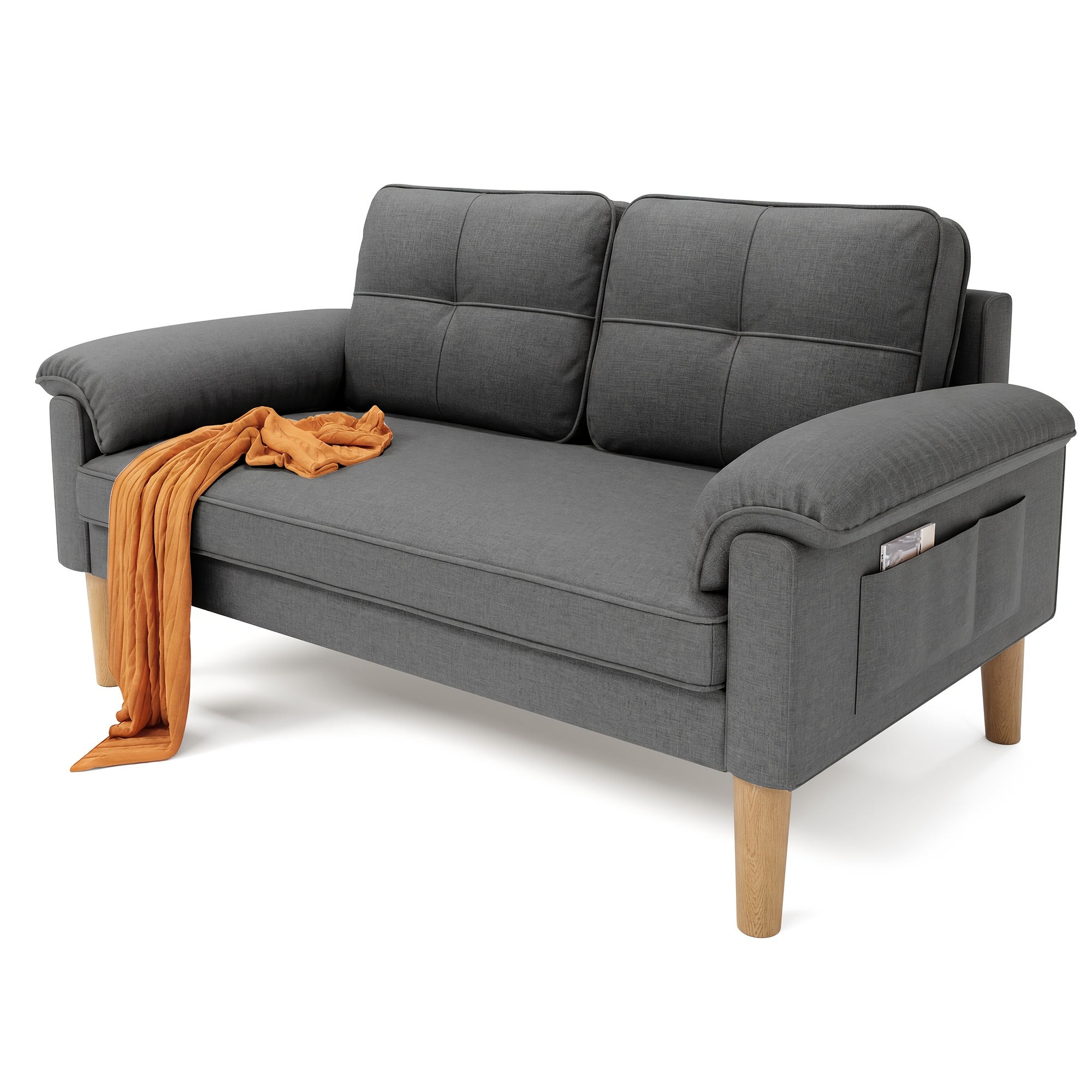 Image of Small Couch 2-seater With Armrest And Side Pocket, 2-seater Sofa With Thick Back And Thickened Sponge, For The Living Room/bedroom///office, 144 X 77 X 77 Cm( Dark Grey/light Grey)
