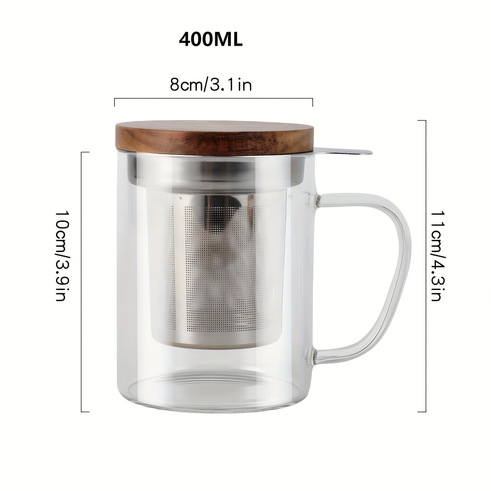 TEMU 1pc Glass Tea Cup With Stainless Steel Tea Strainer And Bamboo Wood Lid, 400ml/13.5oz, With Filter - Heat Resistant, Reusable, Suitable For Home
