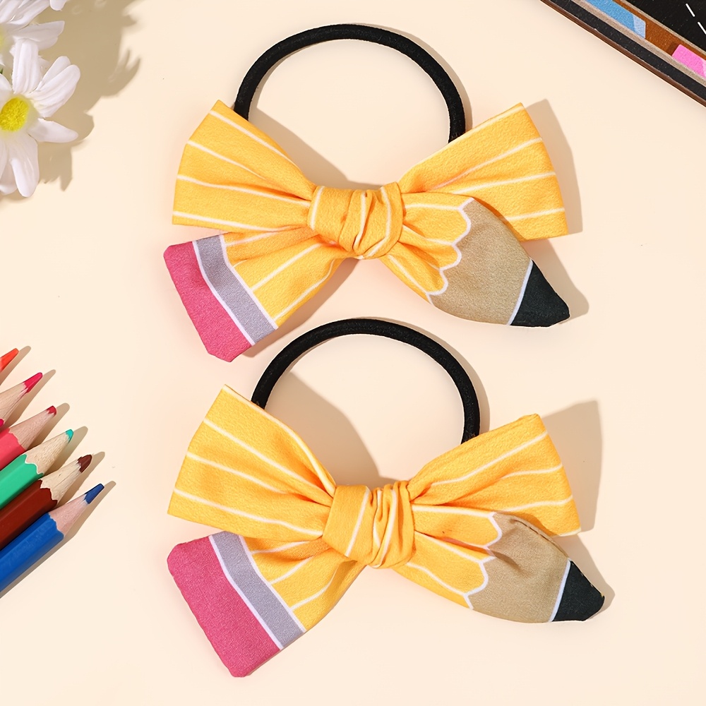 2pcs Pencil Bow Hair Ties Cute Yellow Fabric Elastic Hair Bands For Back To School Hair Additions For Daily Wear Birthday Gift Prize