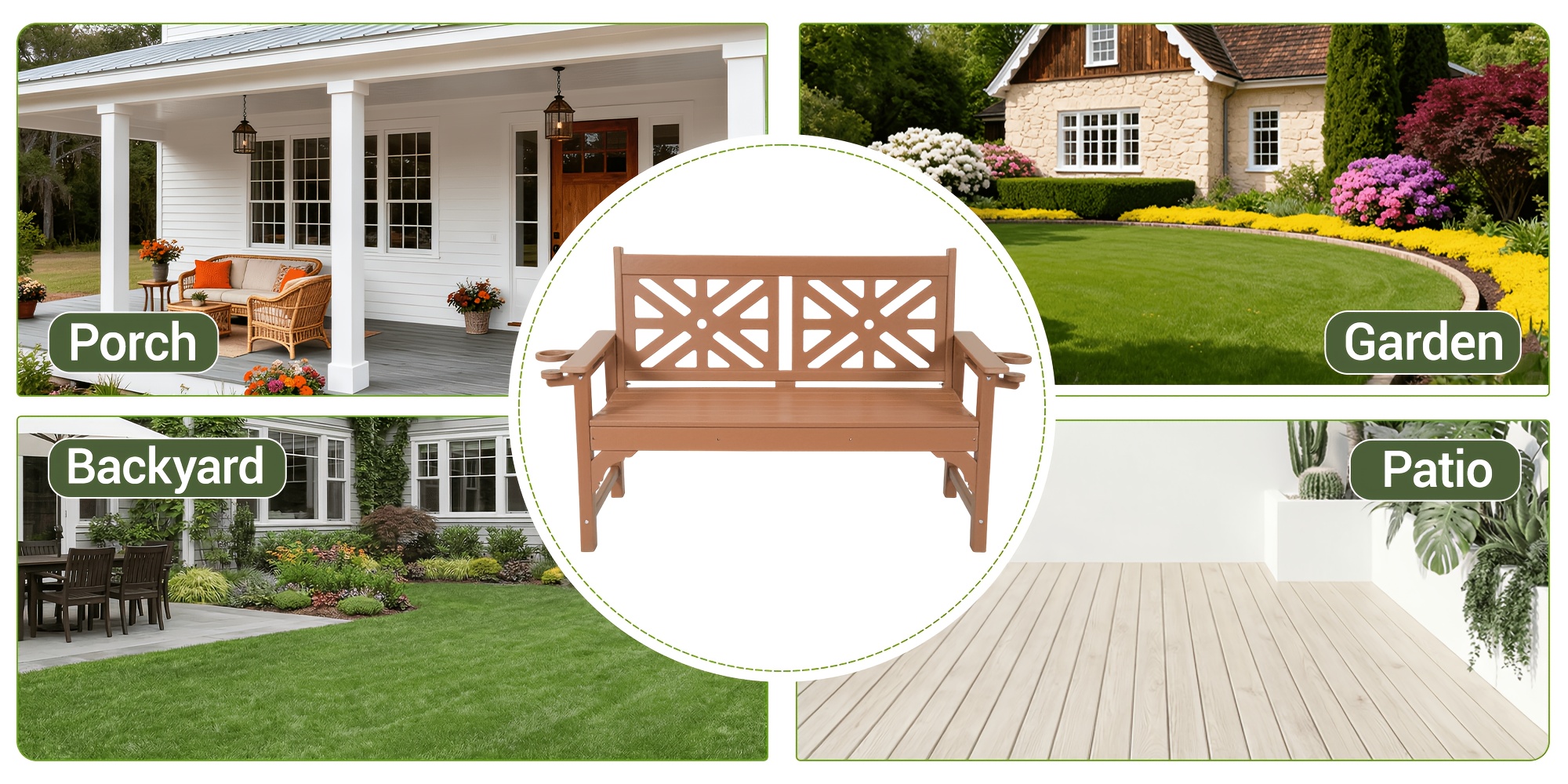 Outdoor Bench with Cup Holders, HDPE Weatherproof Garden Bench 2-Person, Fade/Rot Resistance Patio Benches for Porch And Park