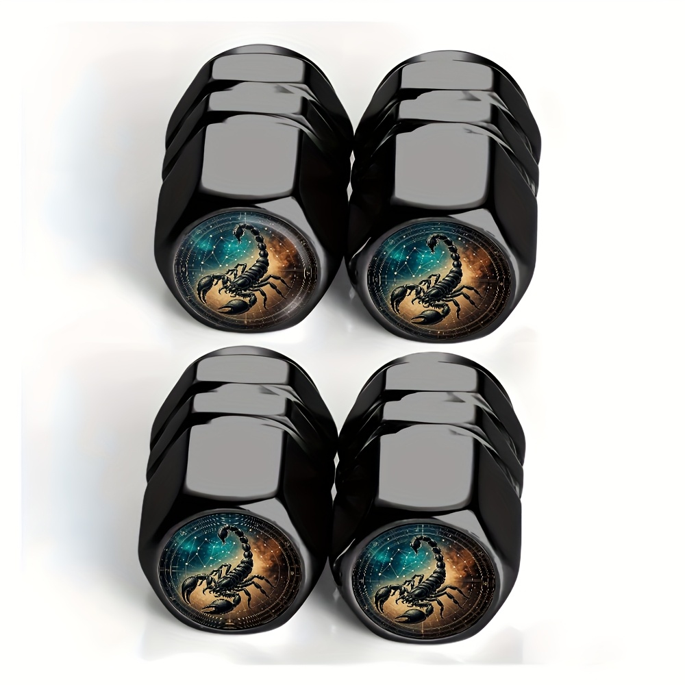 TEMU Set Of 4 Black Tire Valve Caps Featuring The , Designed With A Background And Mystical Patterns. Suitable For Cars, Trucks, Suvs, And