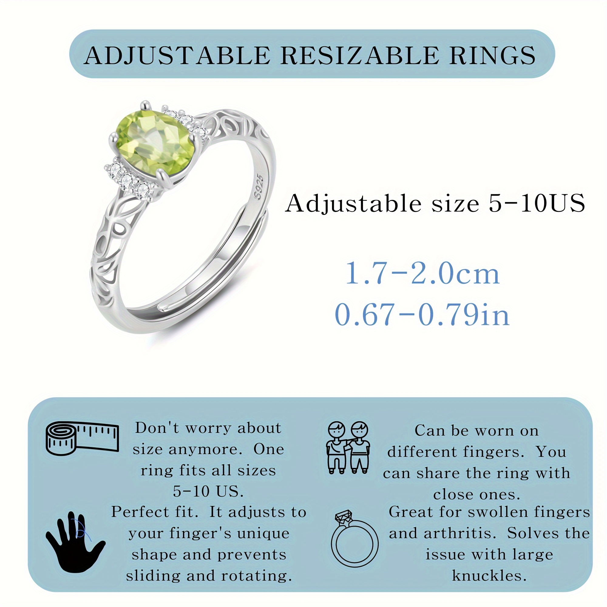 925 Silver Ring w/ Natural Gemstone Plated Hollow Pattern Lightweight