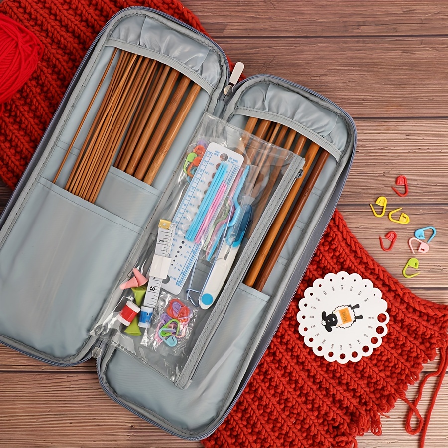 

57pcs Carbonized Bamboo Stick Needle+gray Waist Valley Flower Bag+accessories, Knitting Tool Set, Easy To Carry Around.