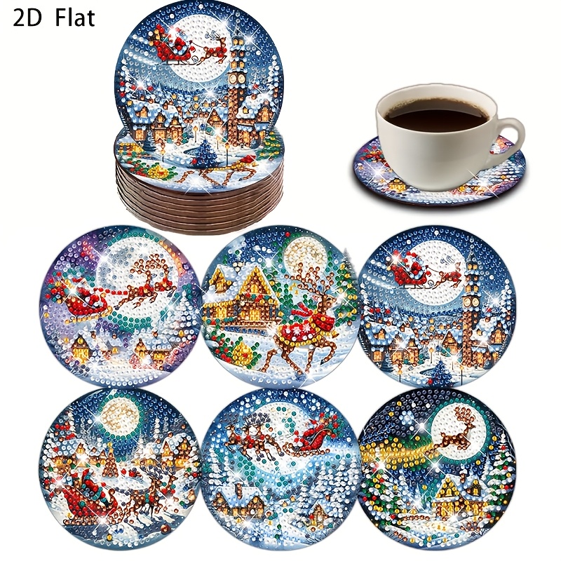 TEMU 6pcs 6pcs Magical Christmas Diy Diamond Painting Coaster Kit With Round Diamonds - Non-slip Drink Mats Suitable For Decor, Car, Coffee Tables,