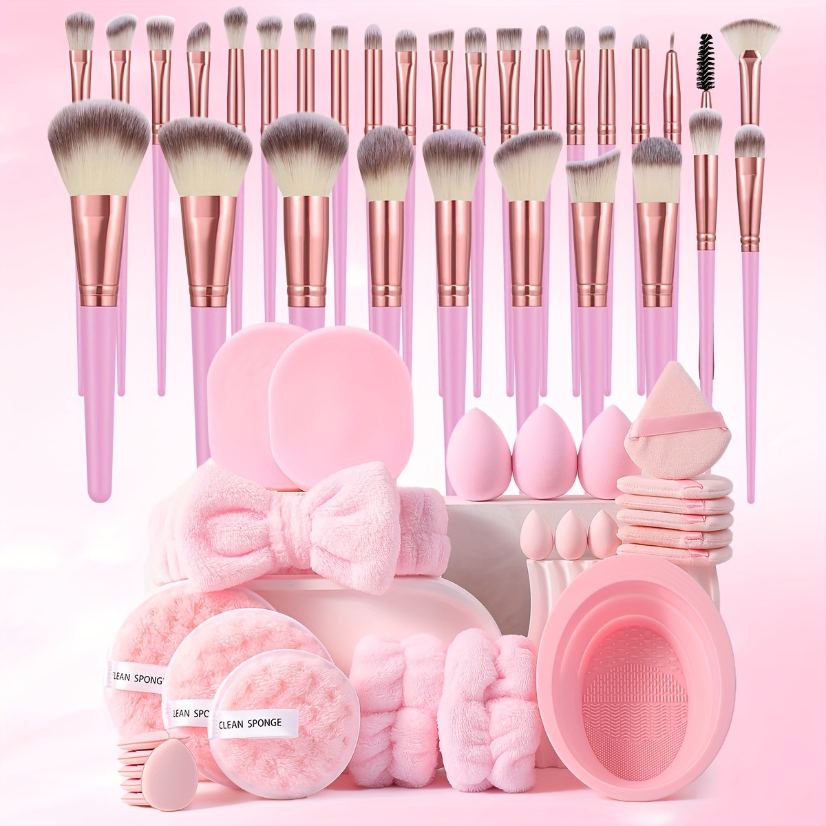 TEMU 57-piece Makeup Tool Kit With 30 Brushes, 3 Beauty Blenders, 3 Mini Blenders, 6 Triangle Sponges, 6 Mini Sponges, 5 Facial Cleansing Sponges, 1