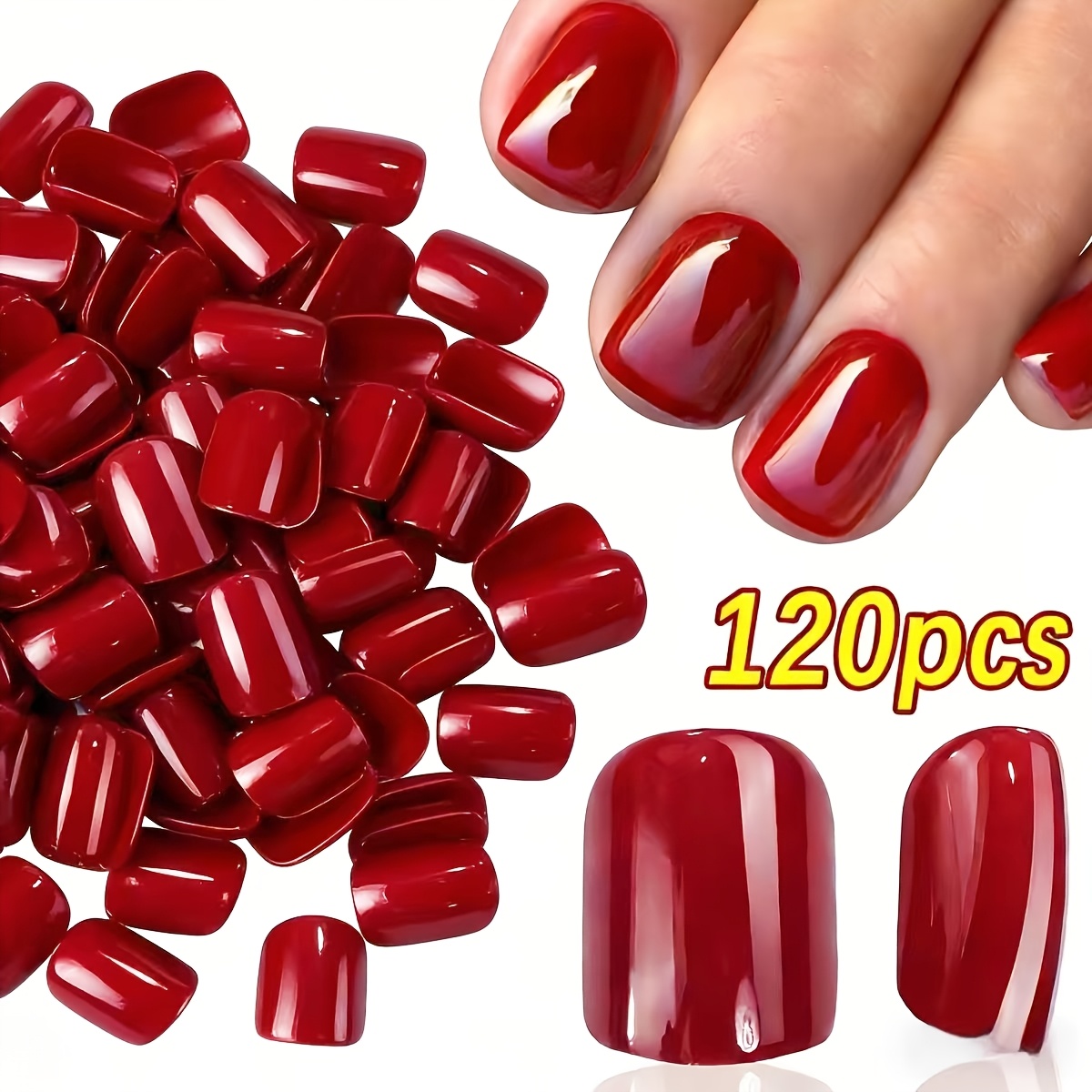 Image of 120pcs Acrylic Press On Nails Short Square Glossy Wine Red Solid Color False Nails Reusable Artificial Fake Nails Suitable For Women And Suitable For Women And Daily Wear-dating-party