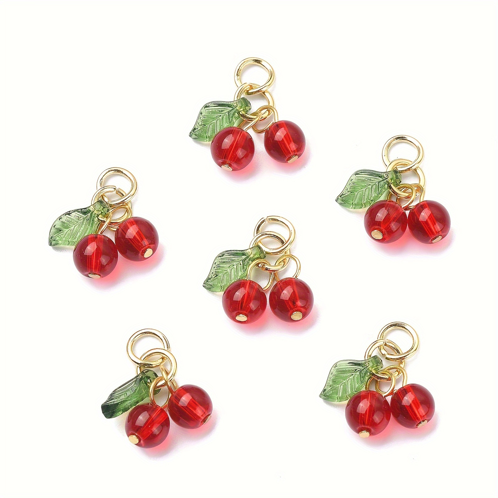 

30pcs Glass Cherry Charms Pendant For Diy Jewelry Making, Red Mini Fruit Bead Accessories With Green Leaf Detail